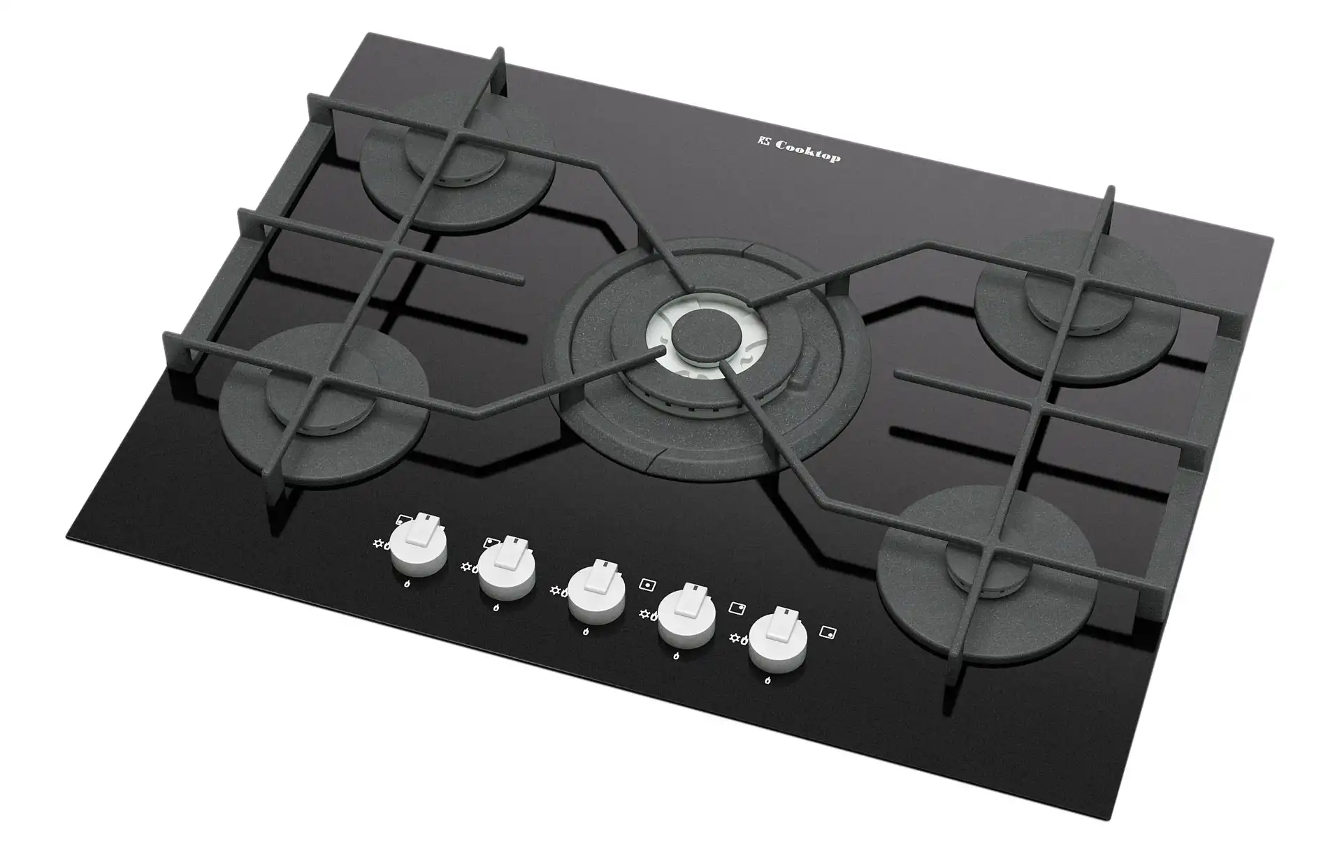 Photorealistic rendering of a 3d model of a black hob with a large gas burner in a white studio. Perspective view.
