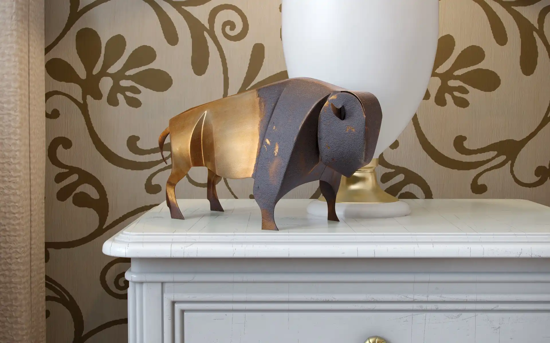 An interior visualization of a copper bison figurine 3D model standing on a shelf.