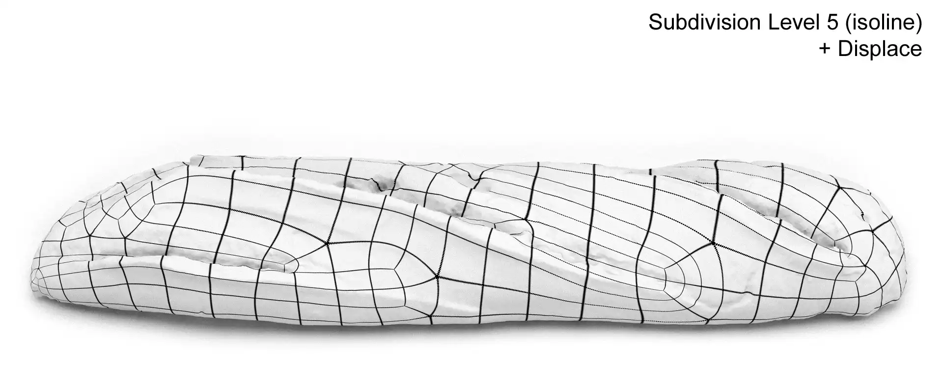 wireframe render of baguette 3d model with subdivision level of five and displacement modifier applied