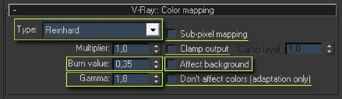 V-Ray for 3ds Max Color mapping rollout showing optimal settings for photorealistic 3D rendering.