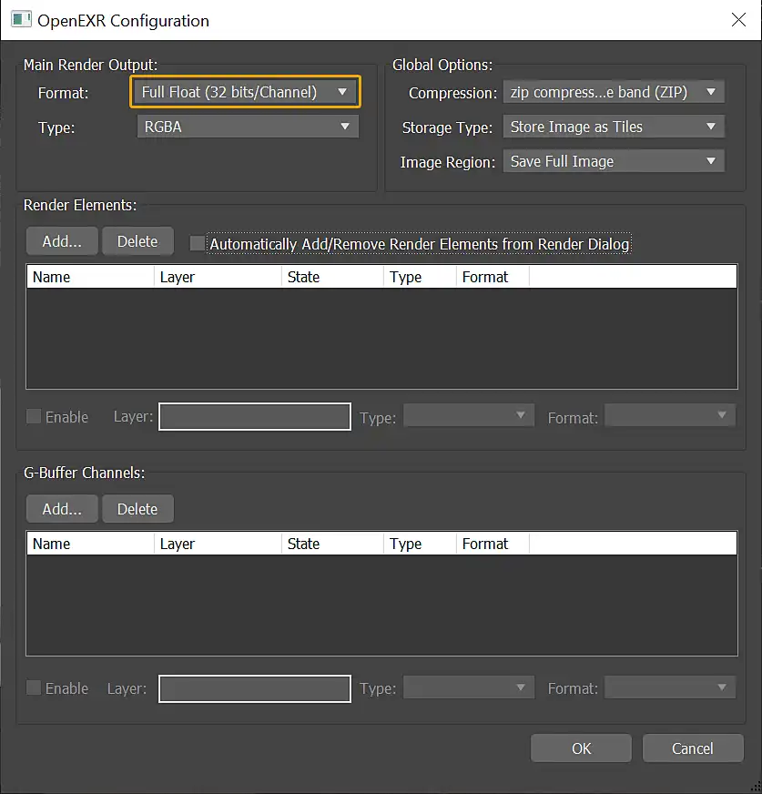 OpenEXR configuration dialog showing how to select the Full Float (32 bits / channel) RGBA image data format.