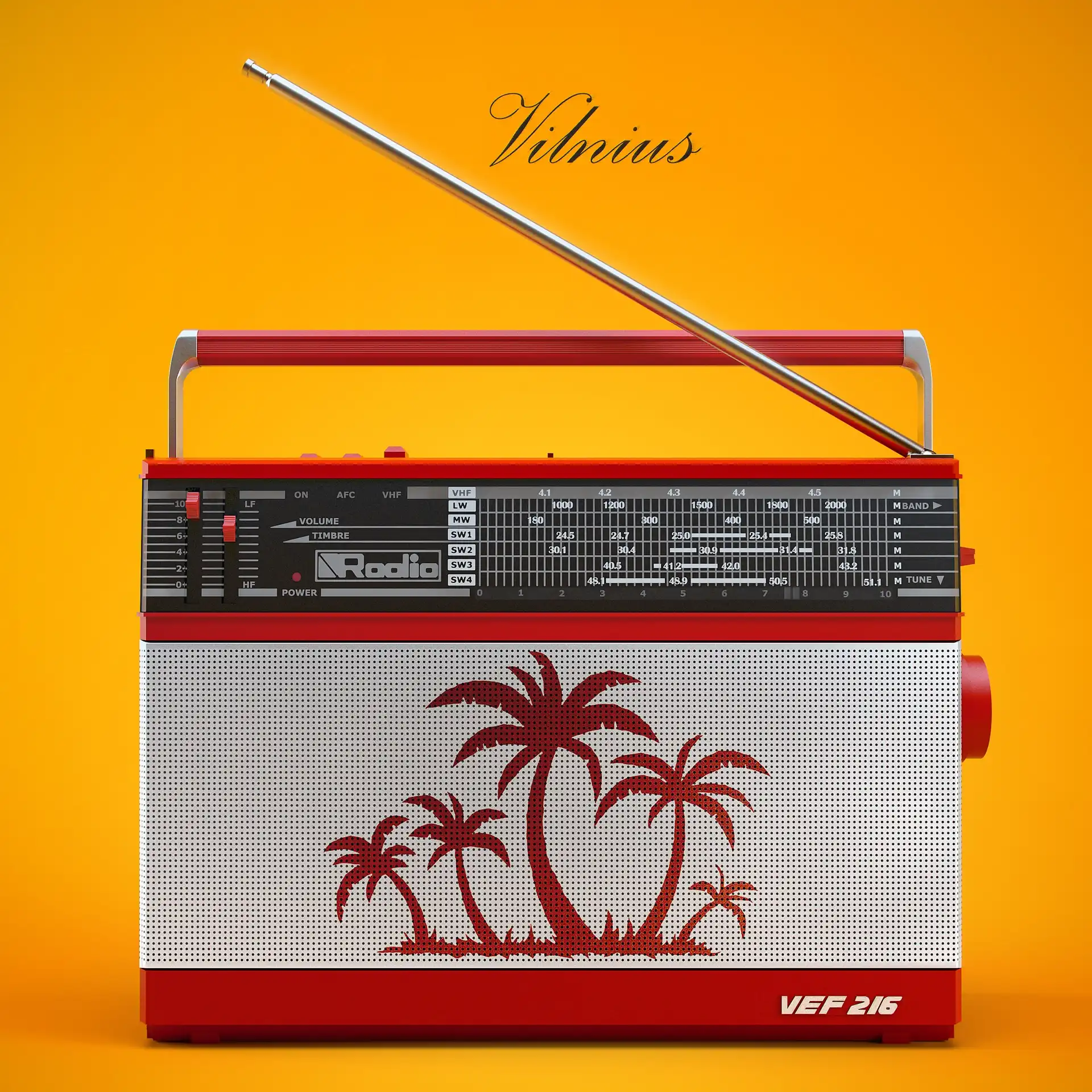 Synthwave Mayamy Grand Theft Auto Vice City stylized retro radio 3d model with two red palms on a yellow background studio rendering