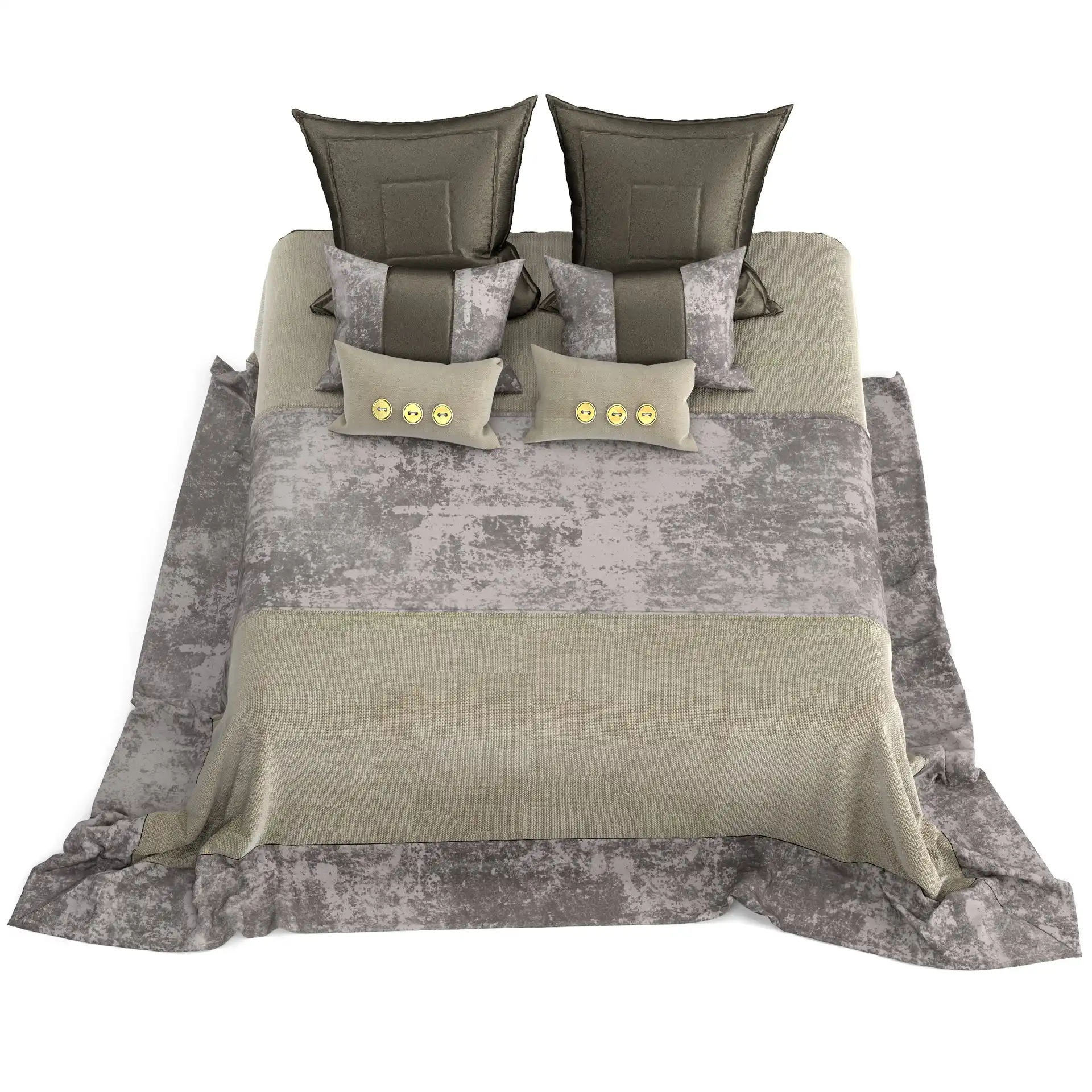 Free 3d model of luxury bed. The bed set contains from one bedspread 3D model and six 3d models of pillows. The pillows set comes in different colors and sizes. The 3d models of two pillows comes with three golden buttons each.