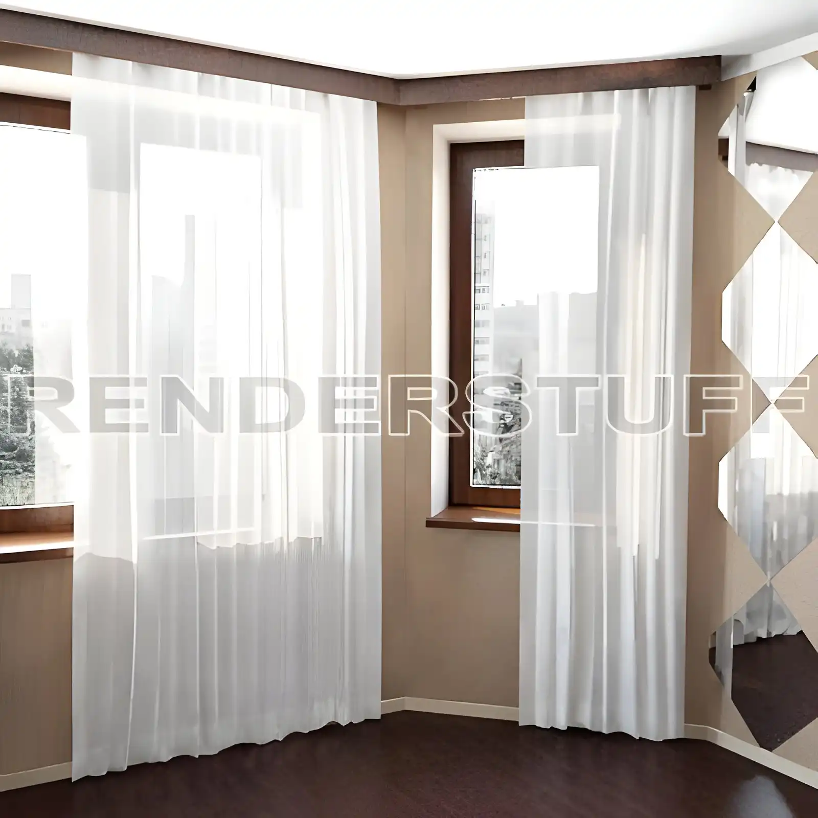 Translucent white tulle curtains 3D model over windows in a modern interior