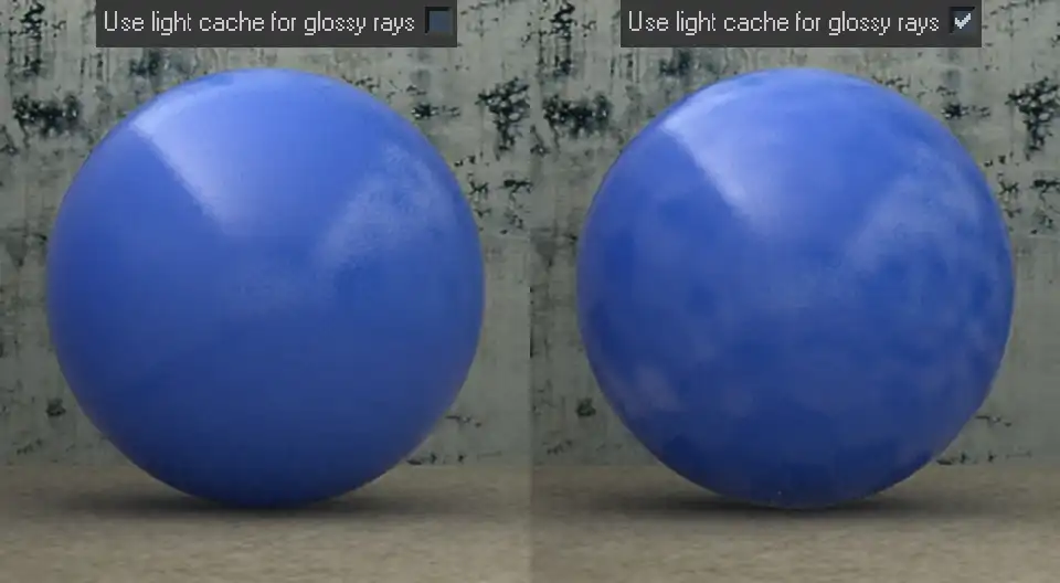 Blue sphere realistic 3d render shows difference in material with 'Use light cache for glossy rays' option turned on and off.