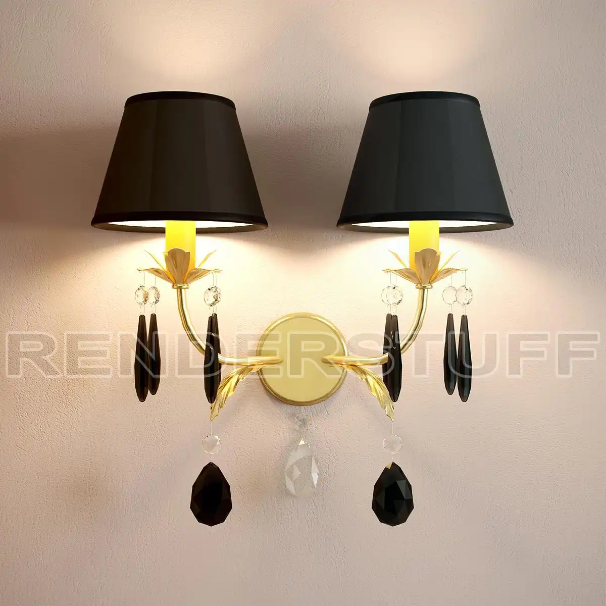 Golden Double Sconce w Black Shades Free 3D Model