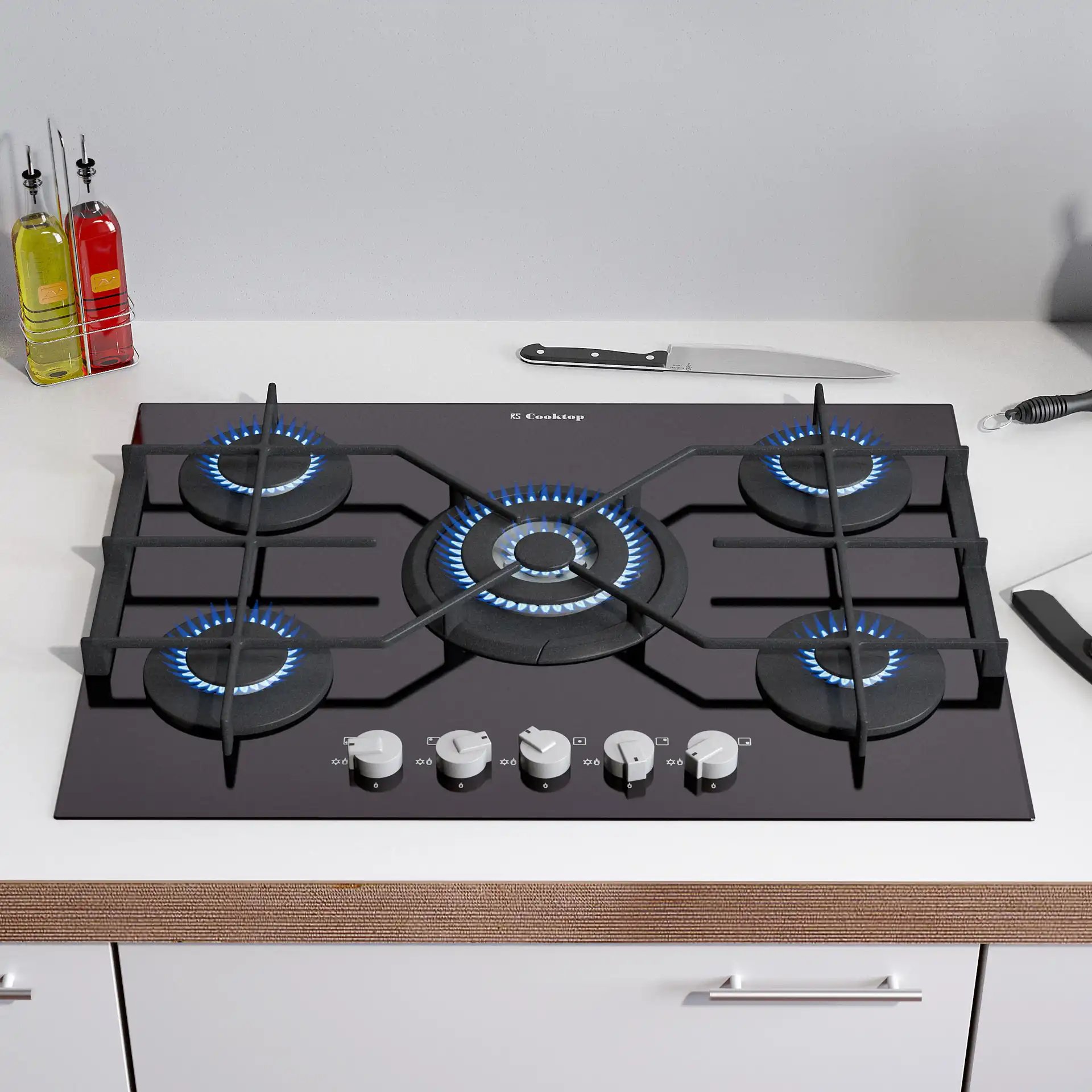 Photorealistic rendering of a 3d model of a black cooktop with a large gas burner in the interior.