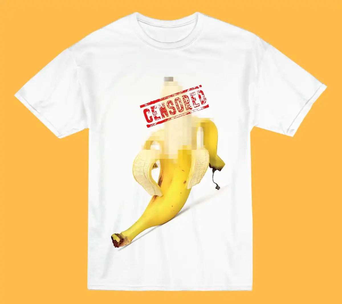 jocular print of censored peeled banana on a blank white t-shirt