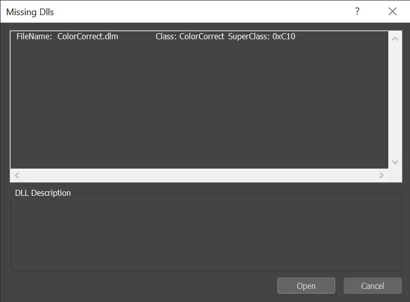 The 'Missing Dlls FileName: ColorCorrect.dlm Class: ColorCorrect SuperClass: 0xC10' 3ds Max error screenshot.