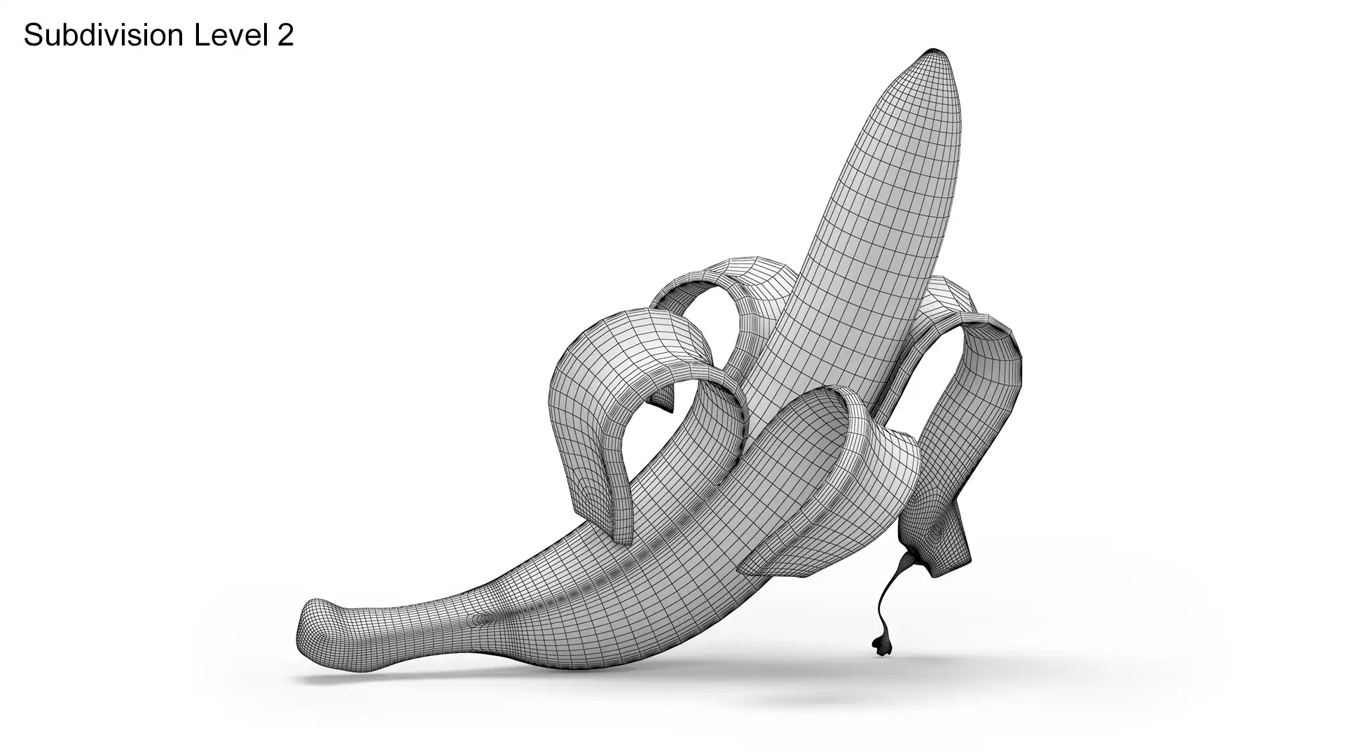 banana 3d model wireframe render with mesh subdivision level 2