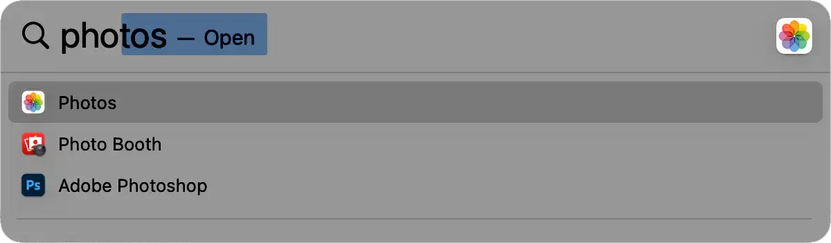 Spotlight search for the Photos app on a Mac