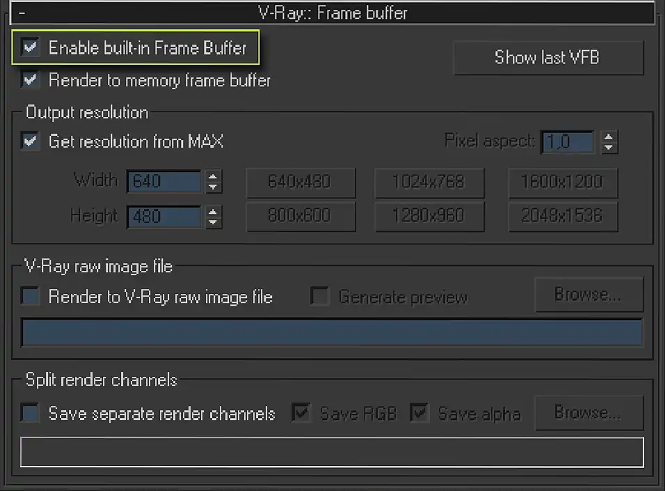 V-Ray Frame buffer rollout screenshot with Enable built-in Frame Buffer option checked.