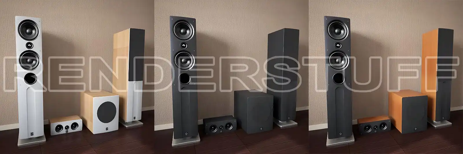 High-End 3.1 wood speaker set 3D model in white, black, and cherry finishes. Two stereo speakers, a sub-woofer, and a central speaker.
