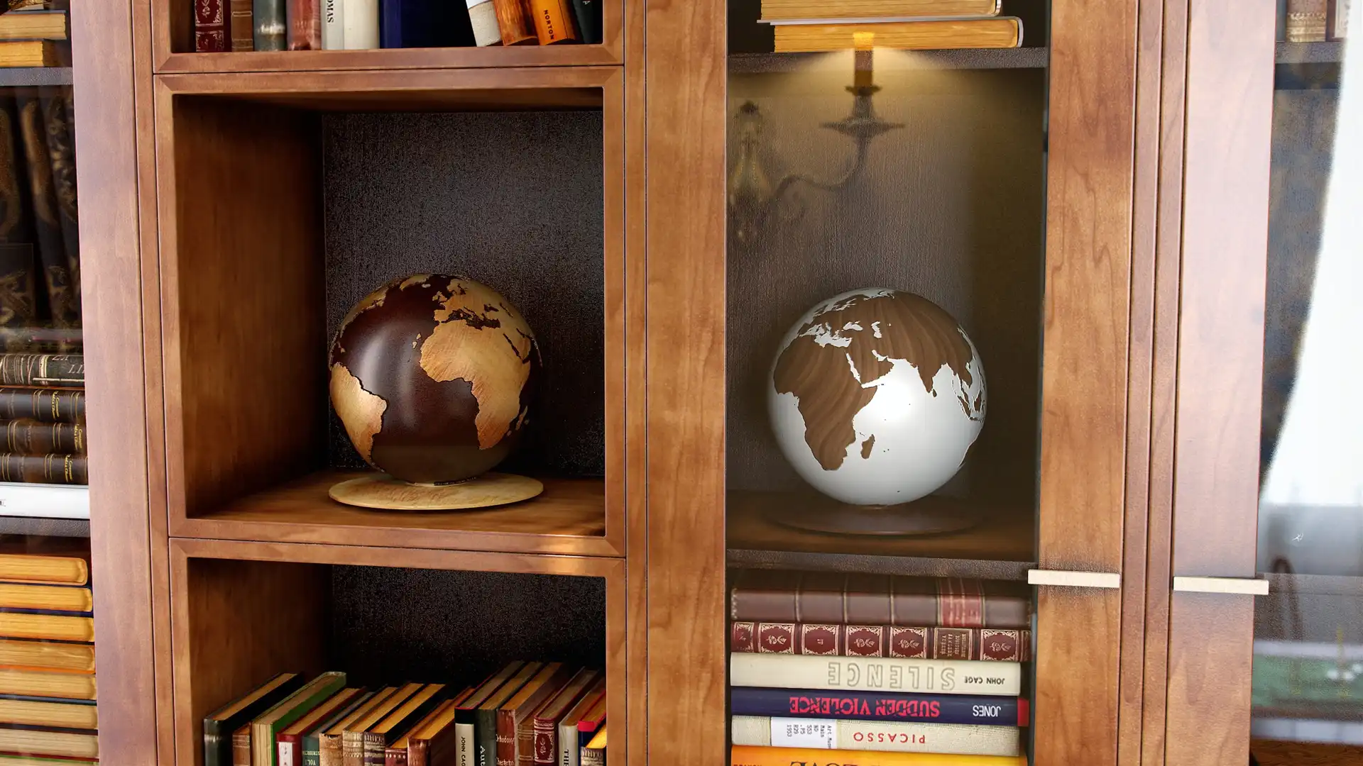 Photorealistic interior 3d visualization of classic cabinet with close-up on two 3d models of wooden globes.