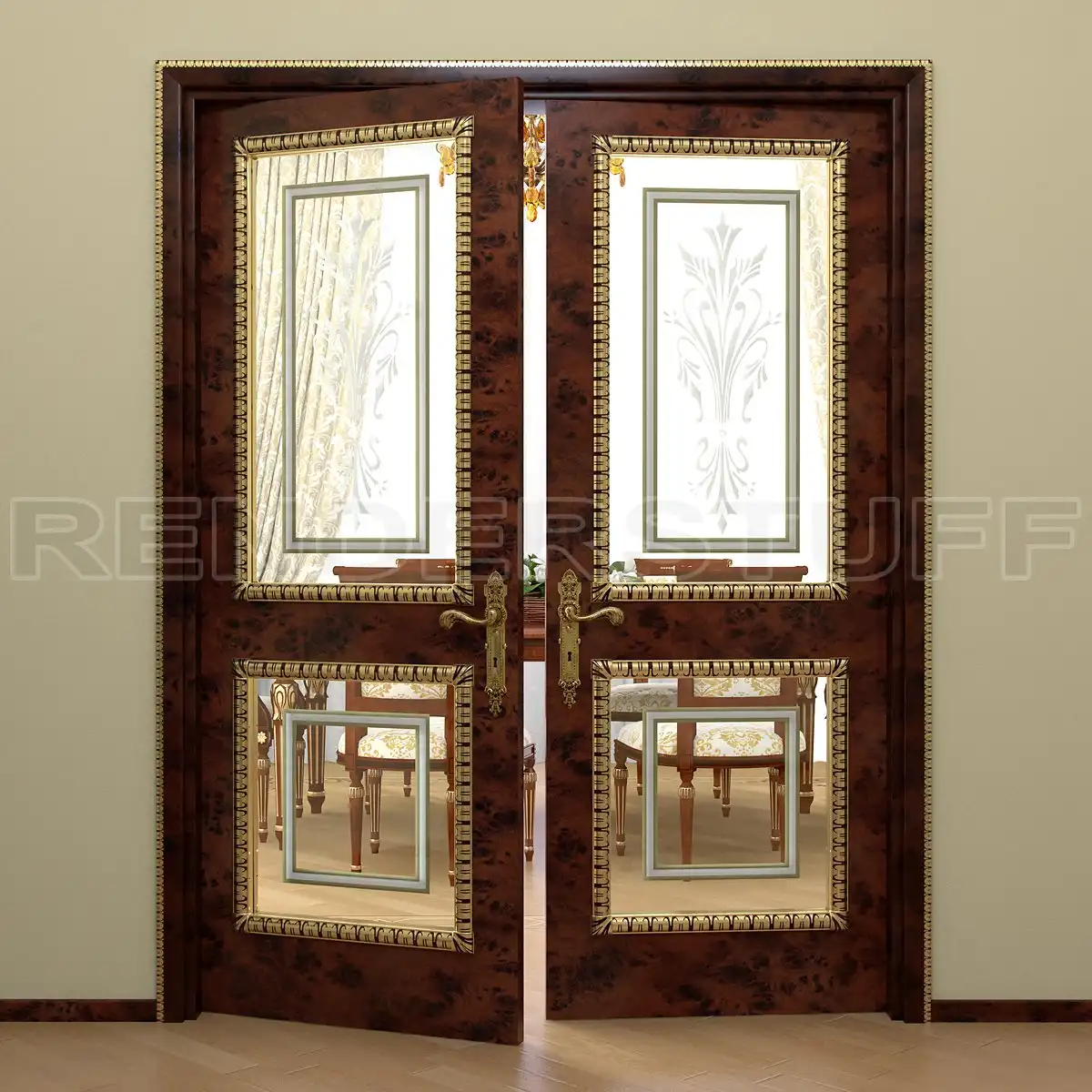Double Wooden Door w Glass Portals Free 3D Model