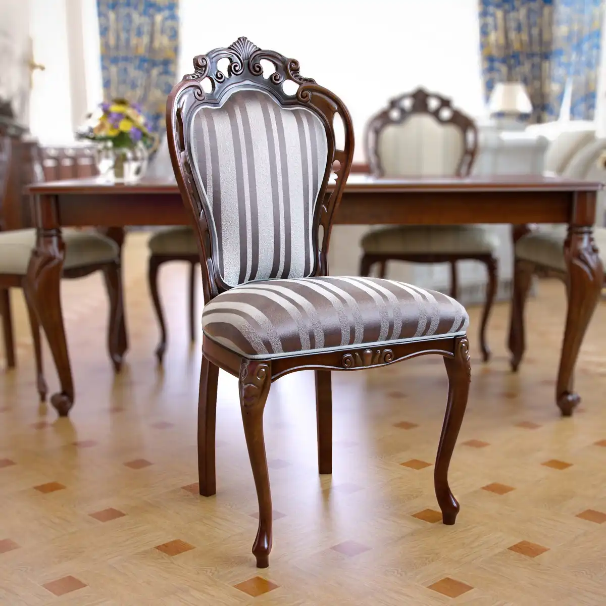Upholstered carved side chair with cabriole legs 3d model photorealistic rendering in rich classical interior.