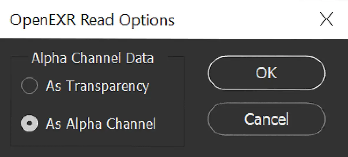 Screenshot of OpenEXR Read Options dialog, in Photoshop 2d-editor, which shows Alpha Channel Data selection.