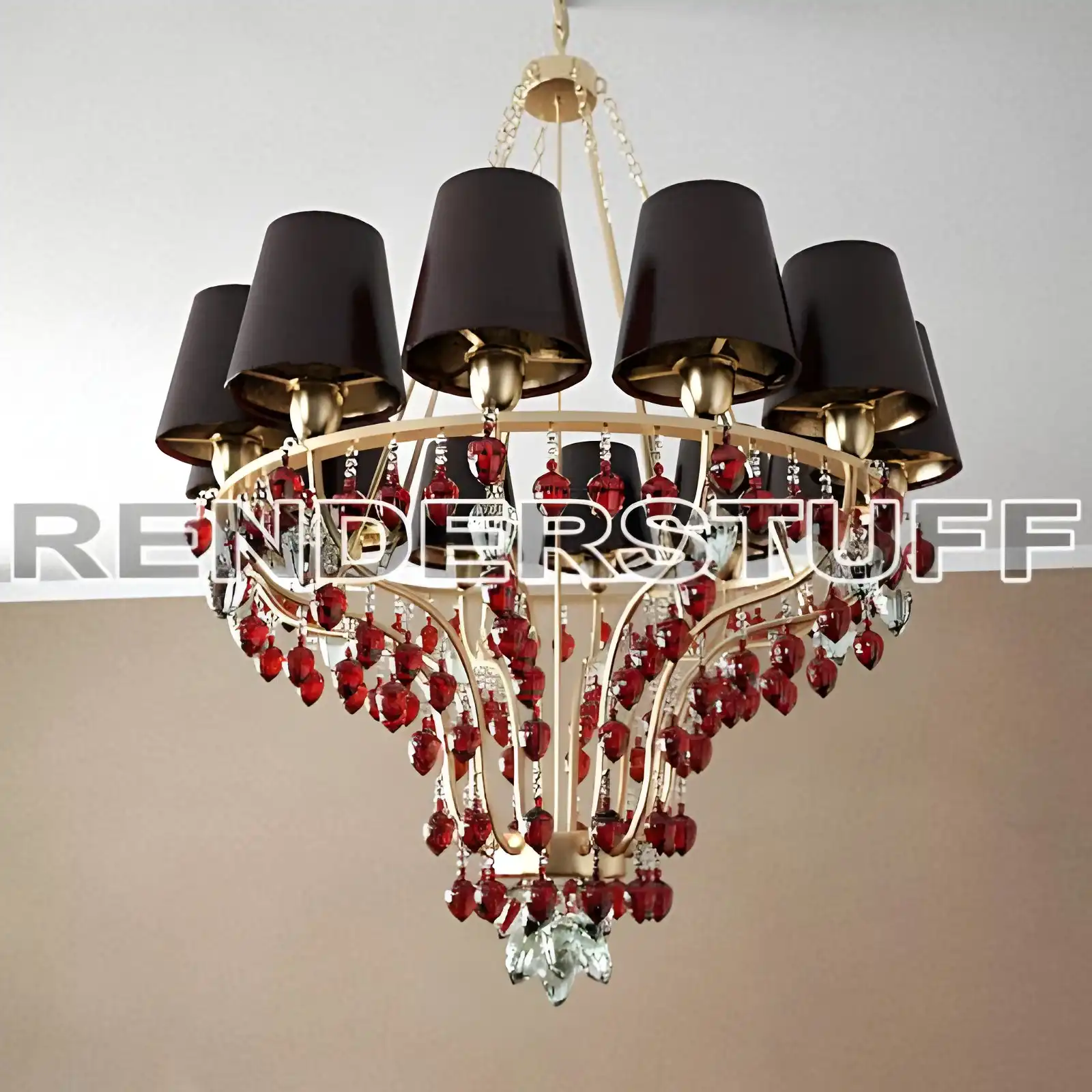3D model of a luxury chandelier with black lampshades and Ruby Red crystal glass crystals.