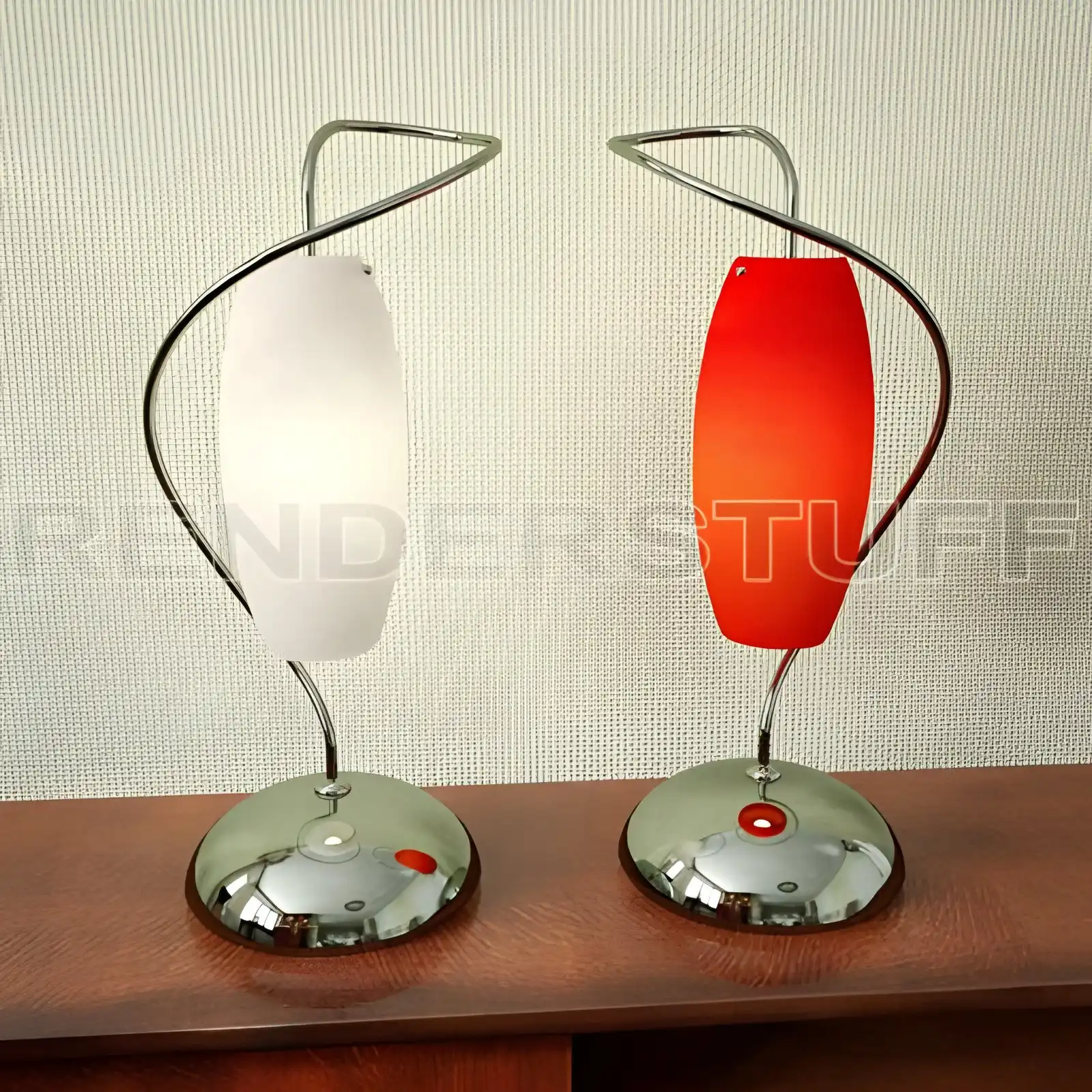 Retro '80s cigar-shaped table lamp 3D model with white and red fabric shades on chrome stands.