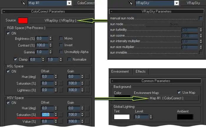 ColorCorrect + V-RaySky using