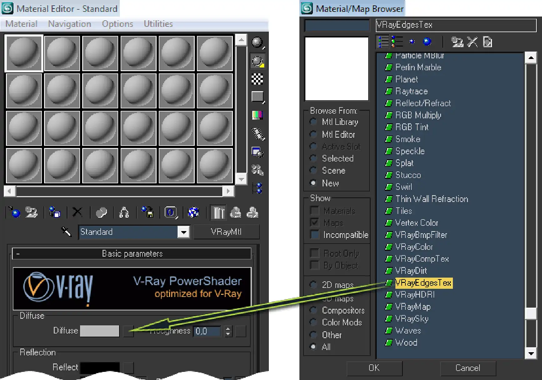 Scheme explaining how to create wireframe material in 3ds max and V-Ray based on VRayMtl material and VRayEdgesText texture.