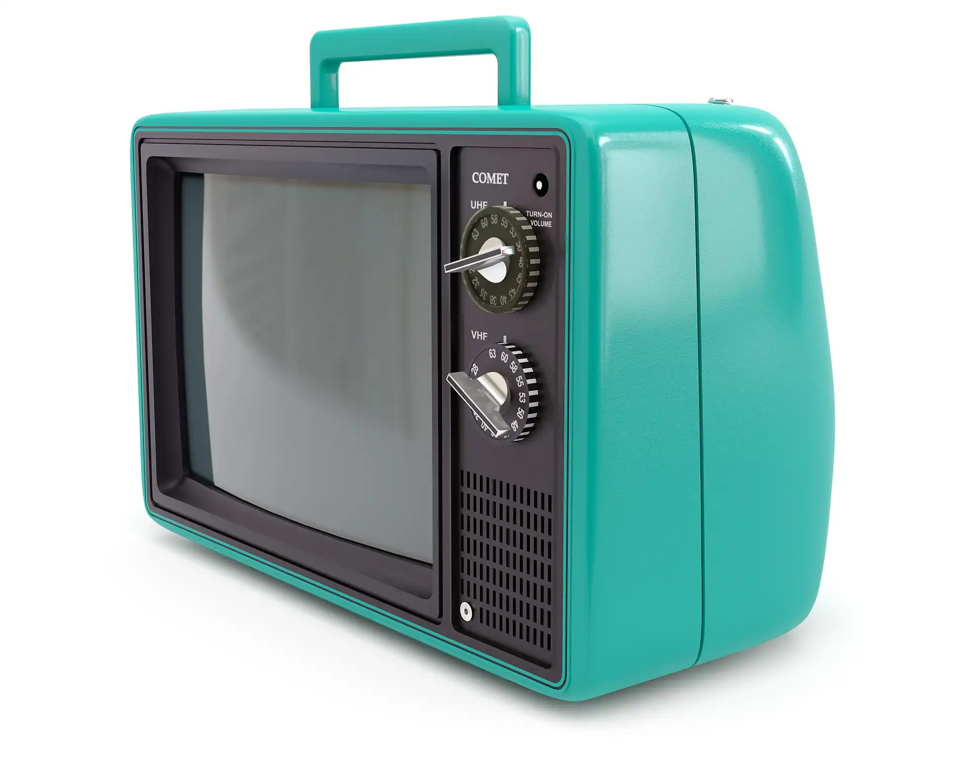 Realistic 3d rendering of a 3D model of an old portable CRT retro TV in a white studio.