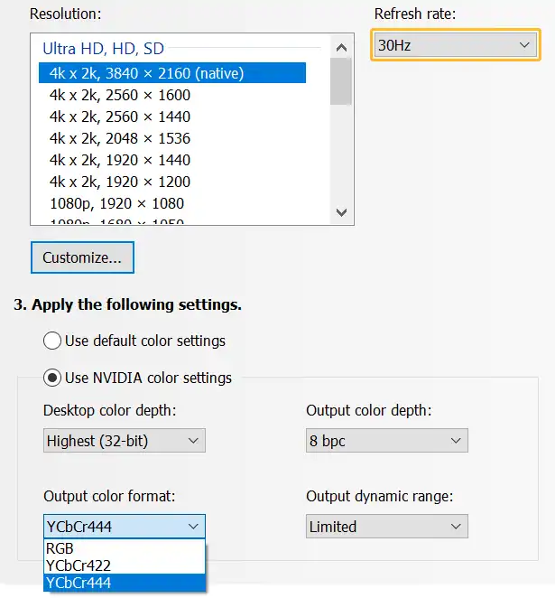 NVIDIA Control Panel Screenshot showing that YCbCr444 and RGB output color formats are available on 4K 30Hz.