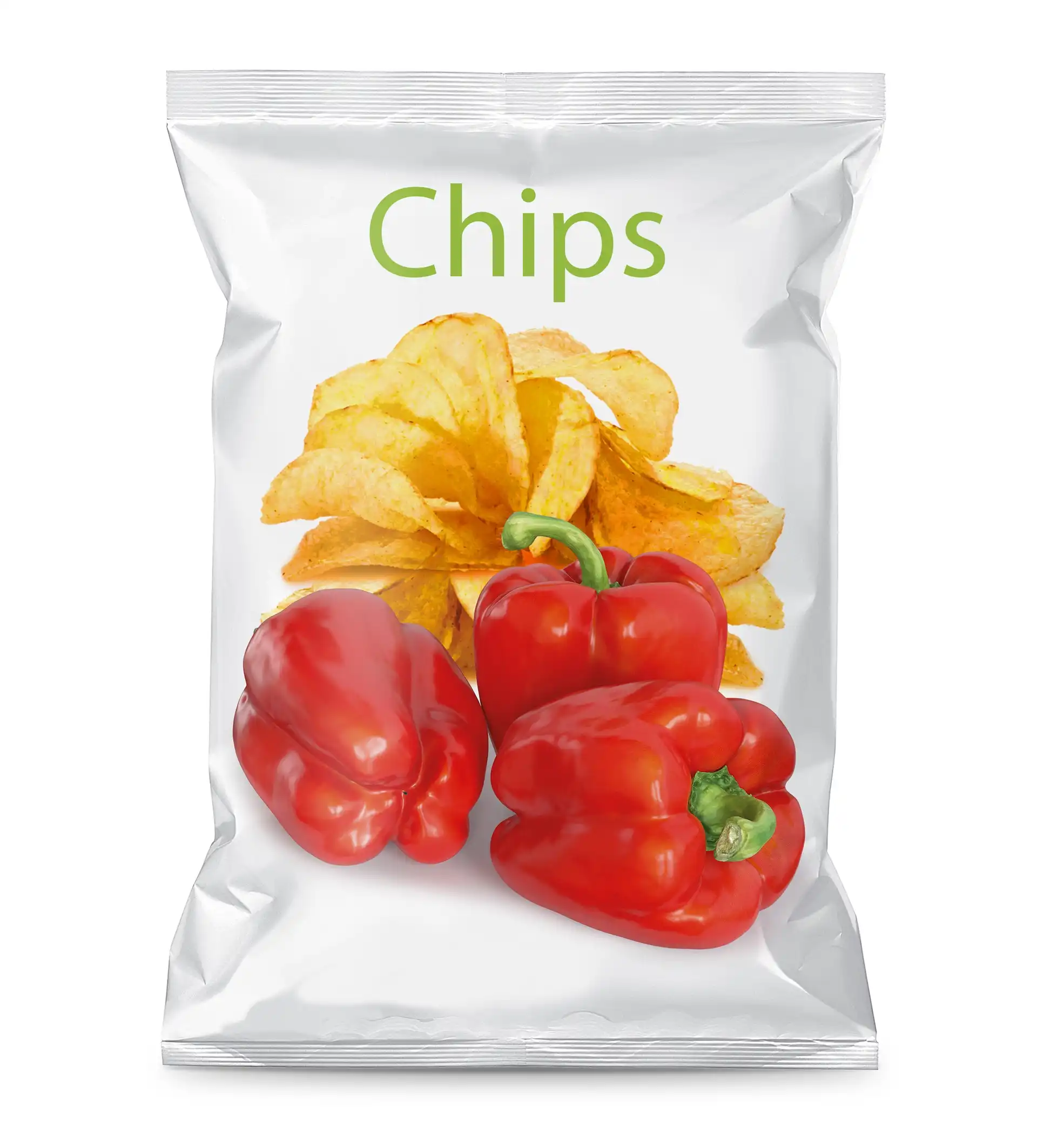 An example of using a render of the red bell pepper 3d model in a promotional shot of a paprika potato chips package.