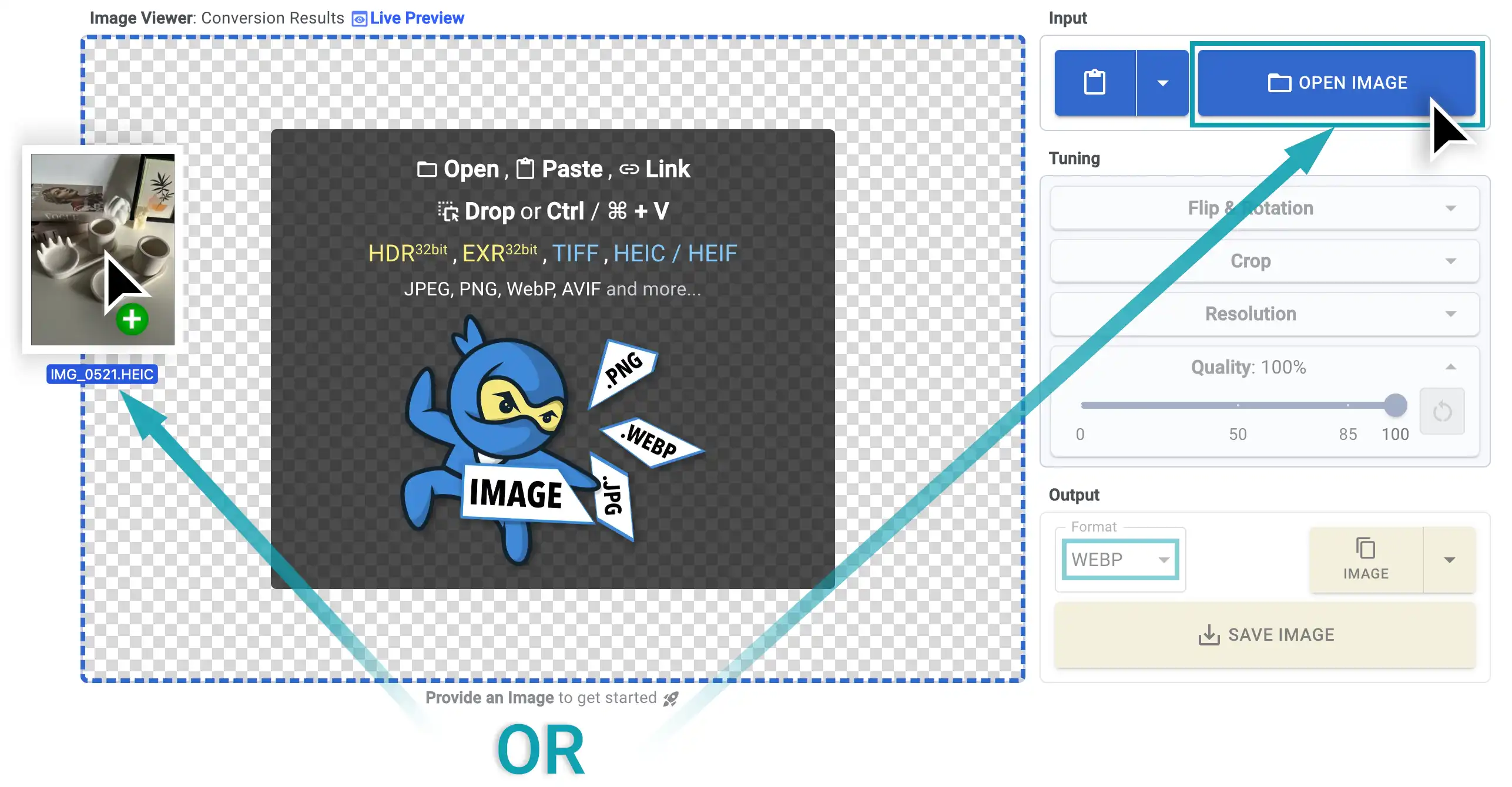 Image Convert Ninja UI with infographic showing how to add a new image by drag-and-drop or using the Open Image button.