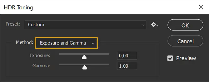 Photoshop HDR Toning dialog with custom preset showing Exposure and Gamma method selected.