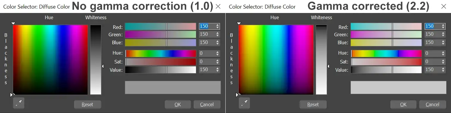 Linear gamma and gamma 2.2 corrected 3ds Max Color Selectors comparison screenshots.