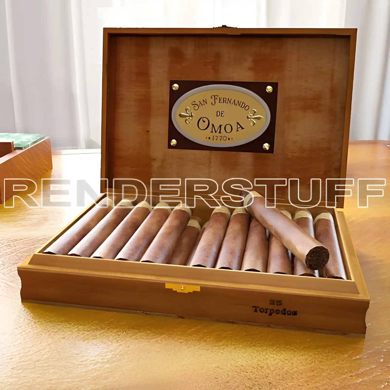 Vintage wooden humidor realistic 3D model with 25 Honduran torpedo cigars in a refined interior setting