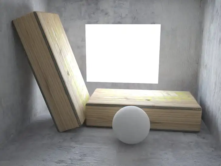 Two wooden boxes and a sphere scene. 3D rendering in 3ds Max & V-Ray with Gamma 2.2 but without input bitmaps correction. The shadows are great but textures is too bright.