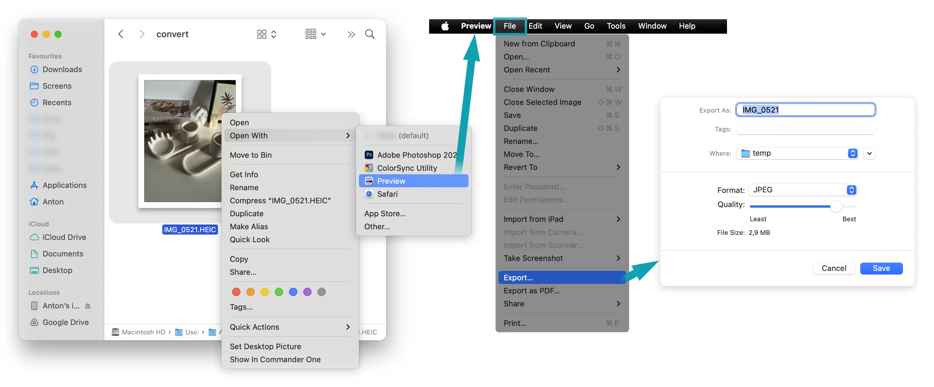 Finder window showing the 'Open With' > 'Preview' option, followed by the Preview app with the 'Export' dialog open, ready to convert HEIC to JPEG