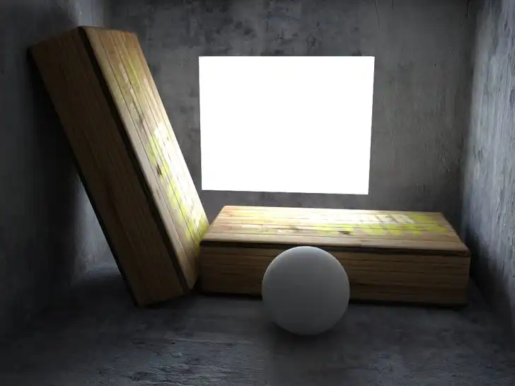 Two wooden boxes and a sphere test scene. 3D rendering in 3ds Max and V-Ray with Gamma 1.0. The result image is dark with excessive shadows density.