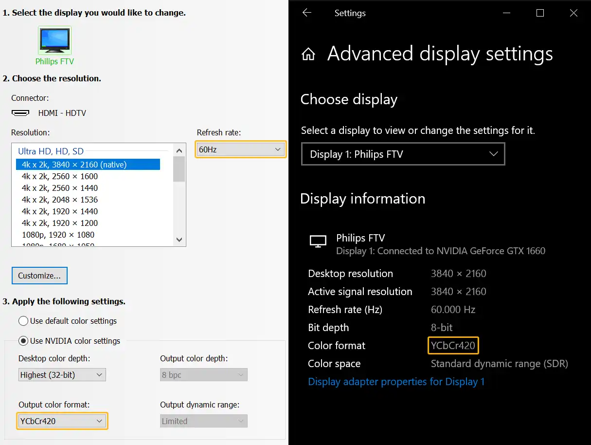 NVIDIA Control Panel & Advanced display settings screenshots showing YCbCr420 output color format only available on 4K 60Hz.