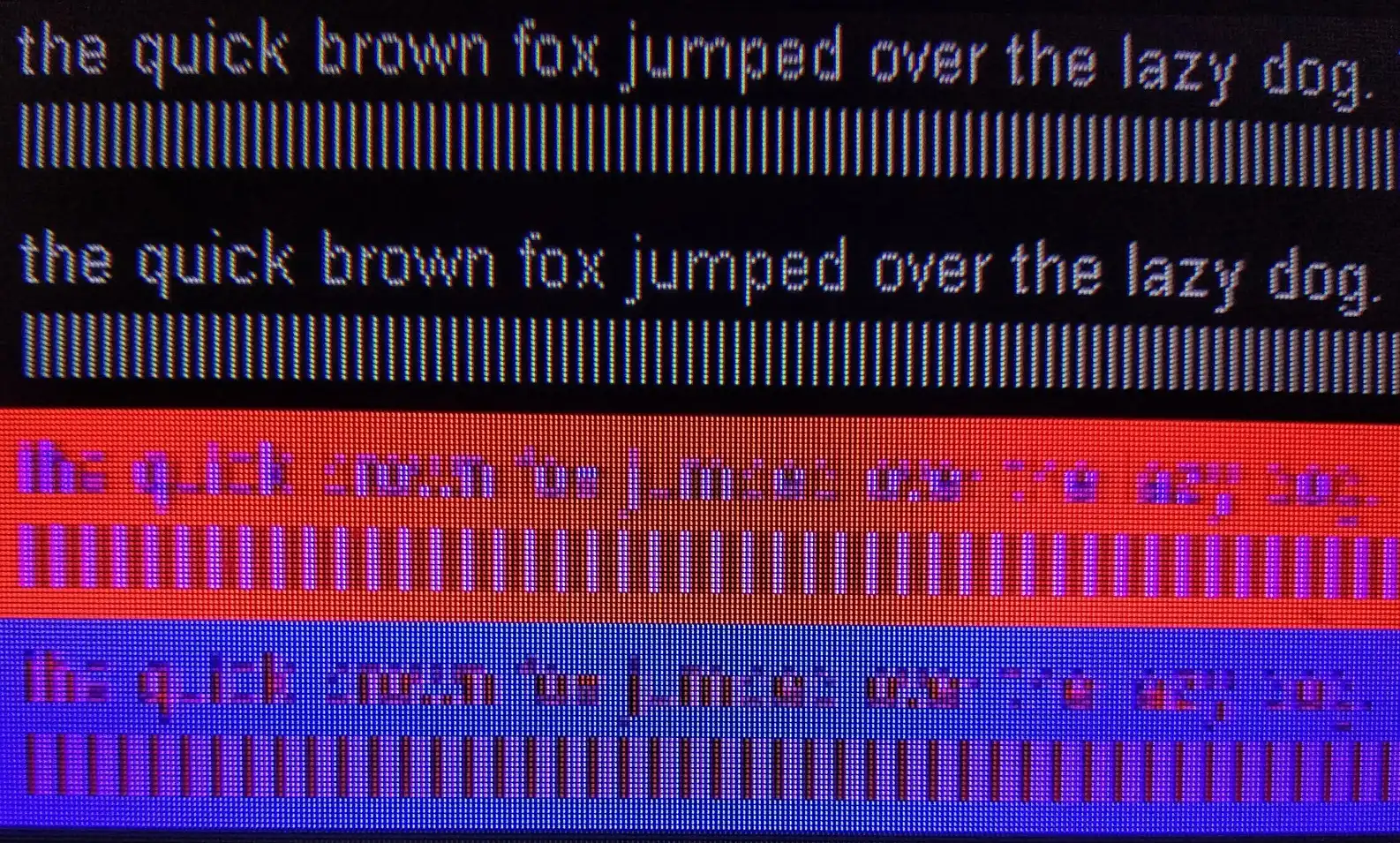 LED LCD TV pixels macro photo showing unreadable text on image with test pattern at 4k@60hz with chroma subsampling YCbCr420 only.