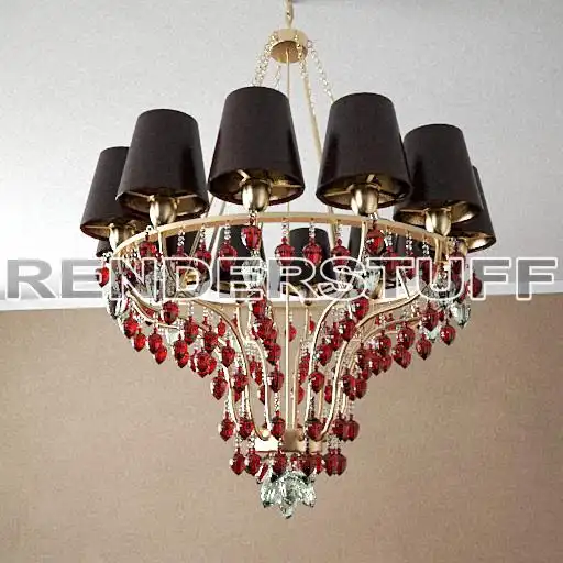 3D model of a luxury chandelier with black lampshades and Ruby Red crystal glass crystals.
