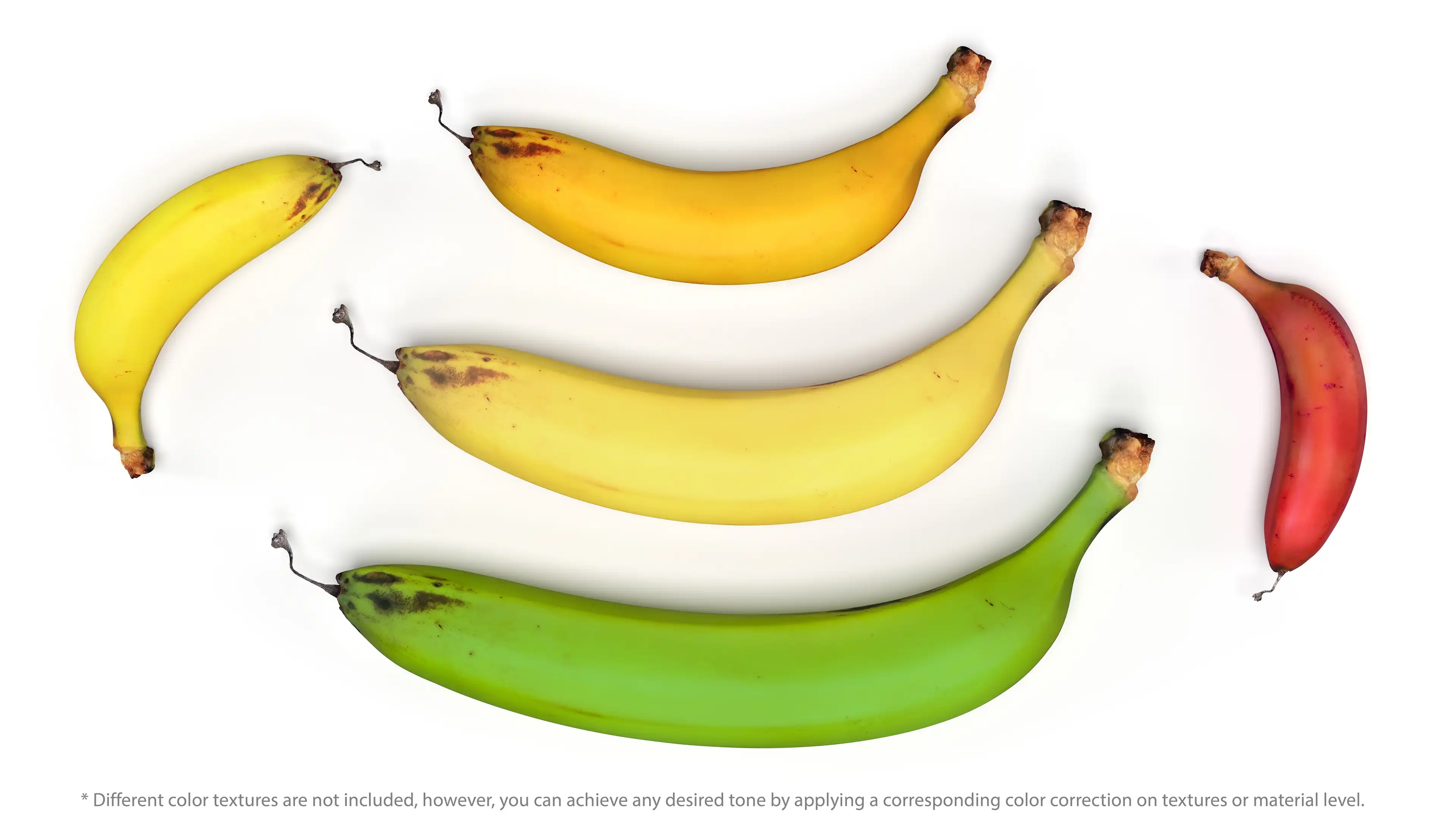 different colors banana 3d models: red banana, green banana, yellow banana, orange banana, and cream-yellow banana