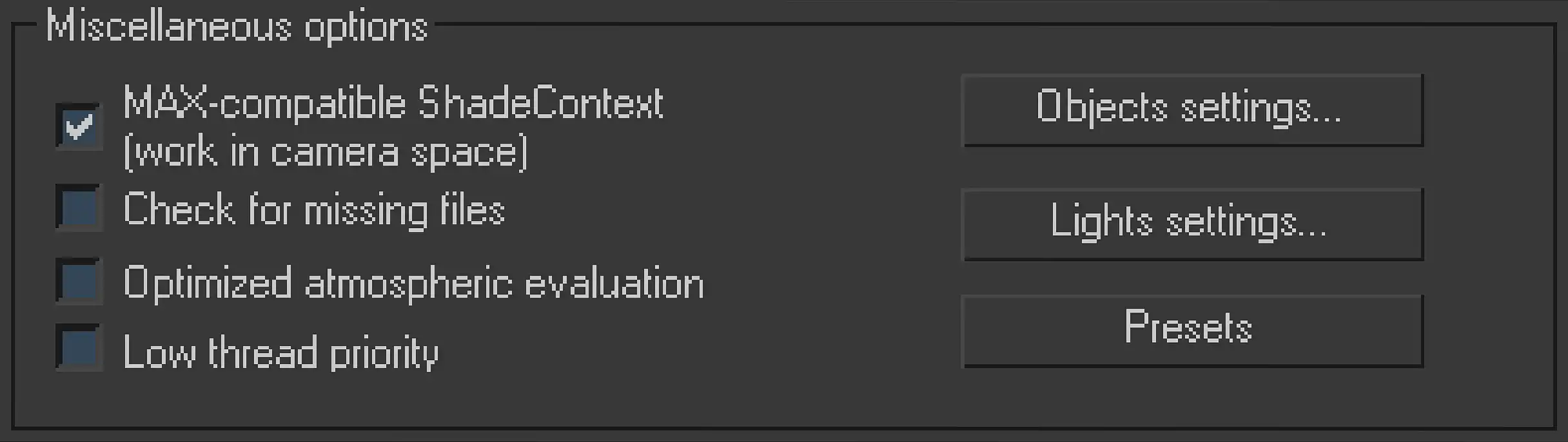 Screenshot of Miscellaneous options section from V-Ray:: System rollout.