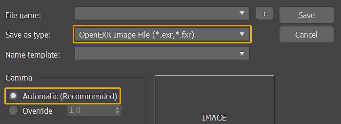 3ds Max Save Image dialog with automatic gamma and OpenEXR Image (*.exr,*.fxr) option as saving type.