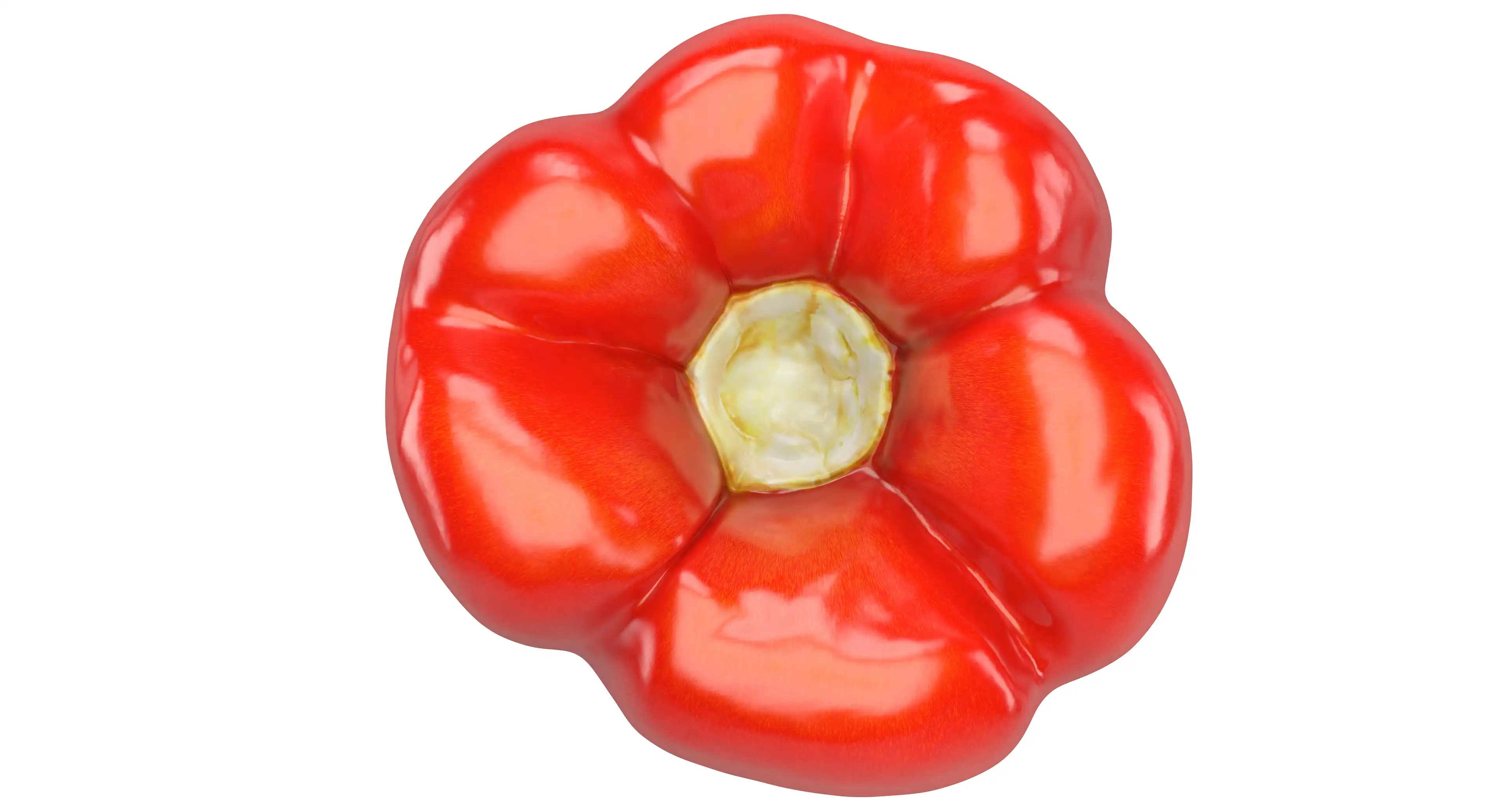Top view of red bell pepper 3d model. The stump is shown here. This visualization literally shows what is under the green trunk, if you detach it from the bell pepper 3d model complete assembly.