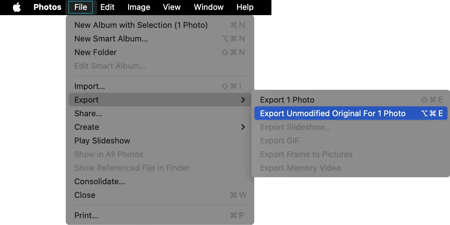 Photos app export menu for unmodified original HEIC photos