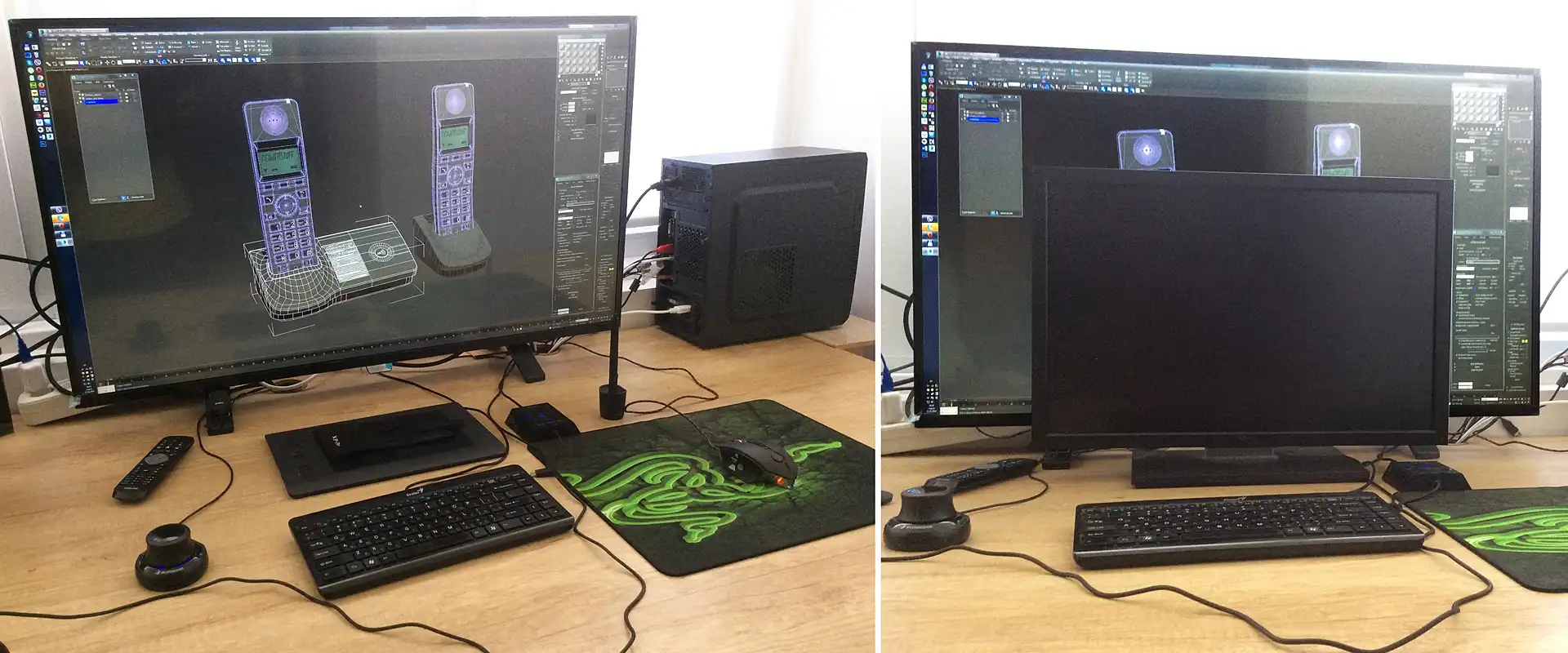 A typical workplace for a graphic designer and 3D artist with a 43" large-screen TV compared to a regular 24" monitor.