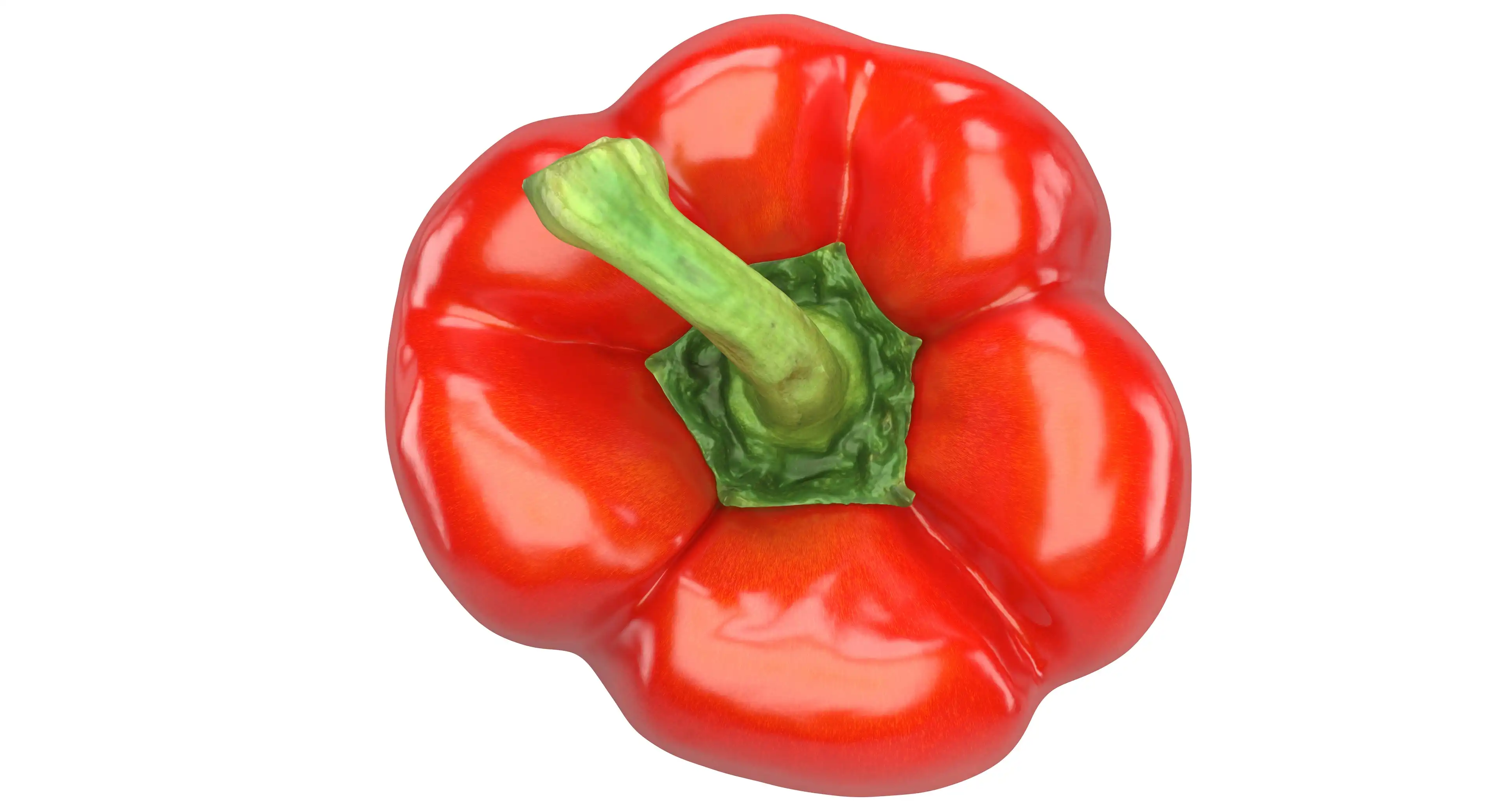 Realistic visualization top view of 3d model of red bell pepper with green trunk.