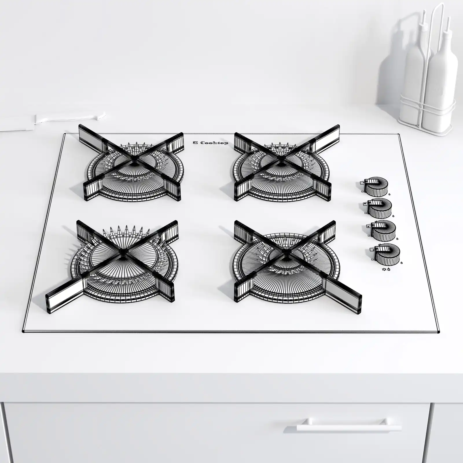 Wireframe rendering of a 3d model of a white gas stove in the interior.