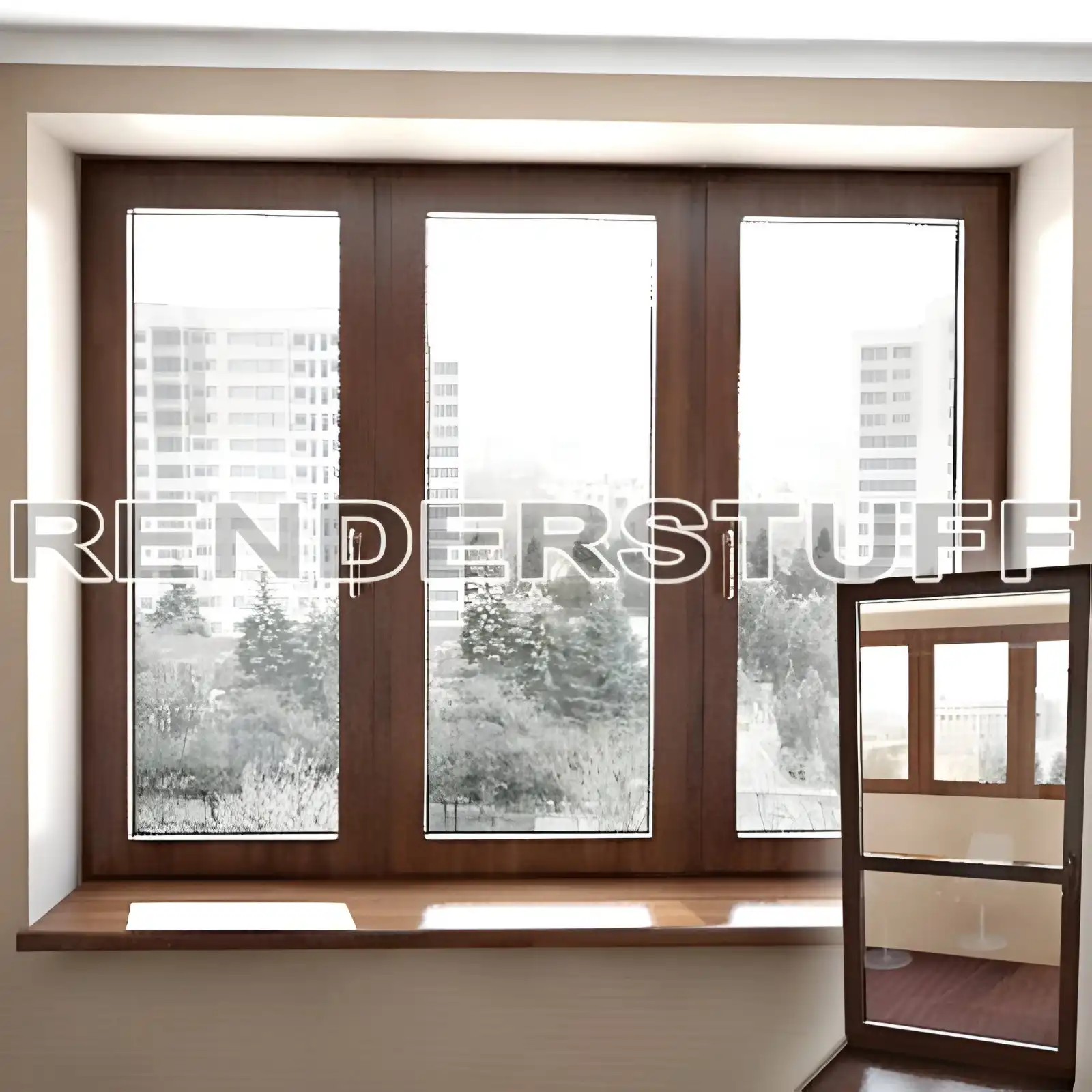 Modern plastic window and door set 3D model with a wood-laminated finish in a cozy interior setting. Photorealistic free 3D model preview.