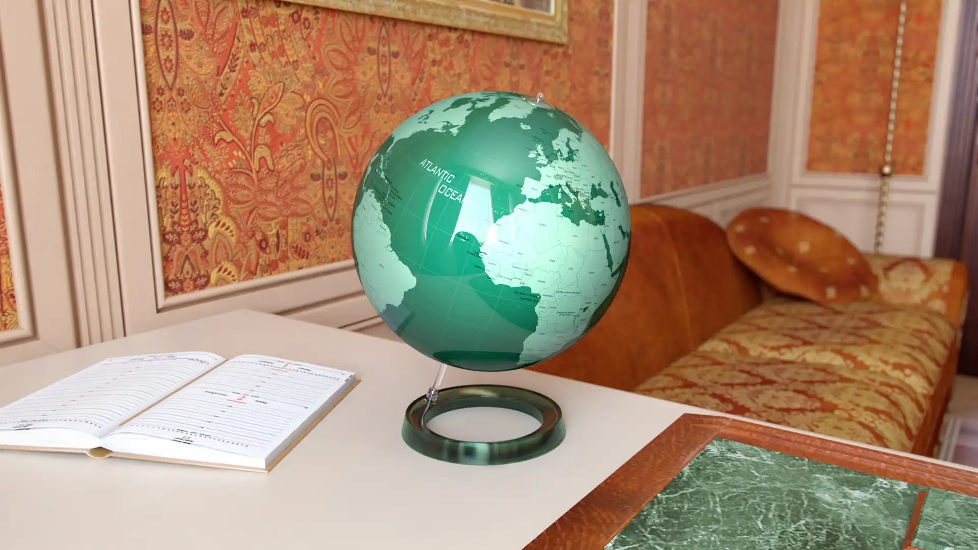 3d visualization example of a green acrylic globe 3d model in a classic interior.