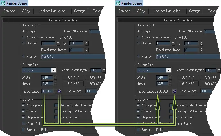 Screenshot of the 3ds Max Render Scene panel, which shows how to set and lock Output Size Image Aspect to 2:1.