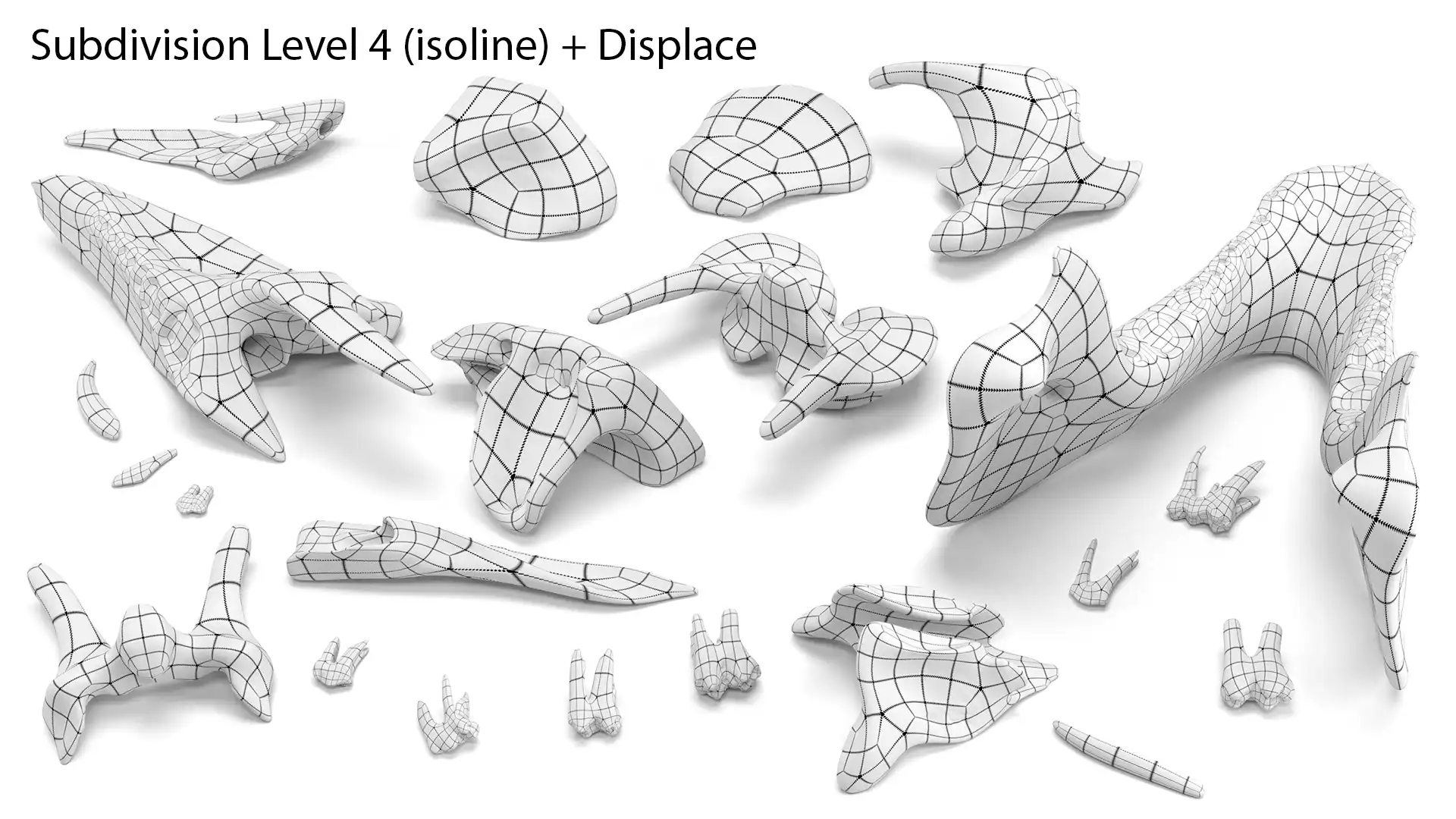 Isoline wireframe rendering of pig skull 3d model disassembled into parts Incisive, Parietal, Nuchal, Temporal, Maxilla - Zygomatic, Occipital, Mandible, Frontal, Nasal, Vomer, Palatinum and Incisors, Molars, Premolars teeth.